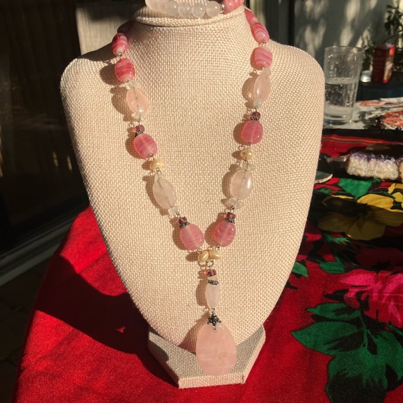 Jewelry - Pink Rose Quartz Pendant Necklace and Bracelet Set